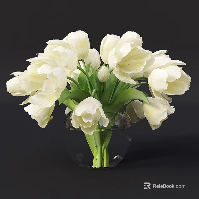 Beautiful White Tulips Arranged In Transparent Glass Vase With Fresh Green Leaves 3d model 