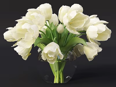 Beautiful White Tulips Arranged In Transparent Glass Vase With Fresh Green Leaves 3d model