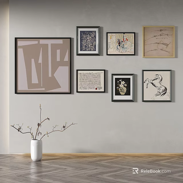 Abstract Paintings On Wall With Multiple Frames And Various Styles Including White Vase With Branches 3d model