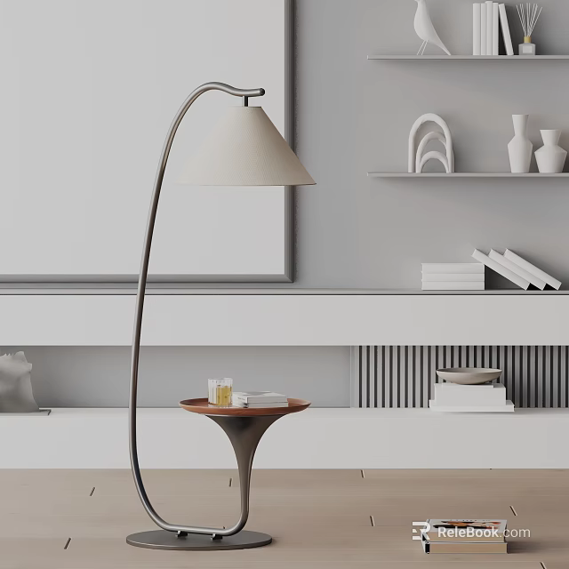 Modern Curved Design Floor Lamp in Sleek Living Room with Side Table Near Decorative Shelves 3d model 