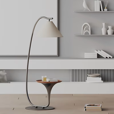 Modern Curved Design Floor Lamp in Sleek Living Room with Side Table Near Decorative Shelves 3d model