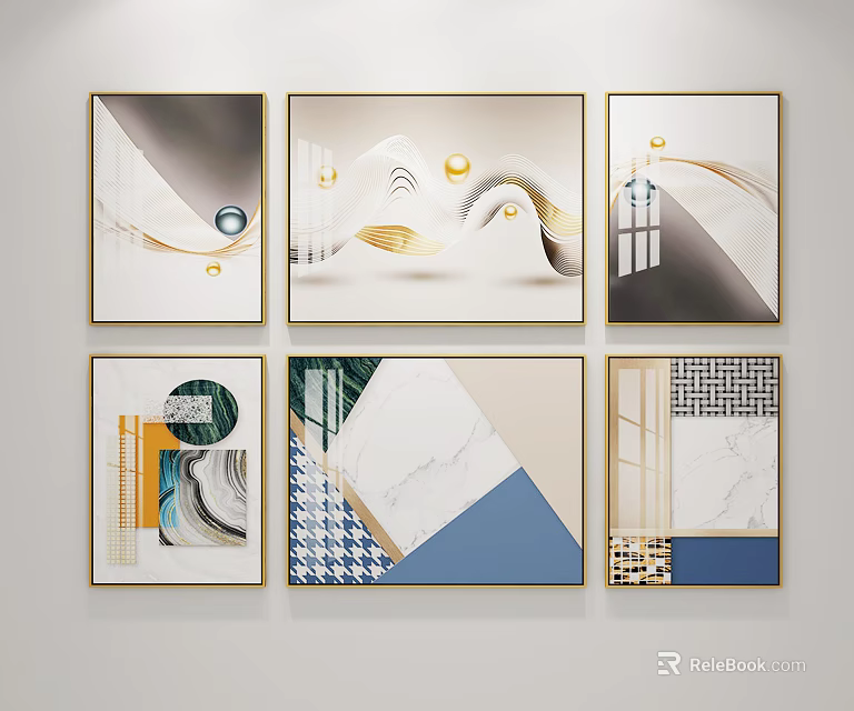 Six Modern Abstract Wall Decor Paintings With Geometric Patterns And Golden Frames 3d model