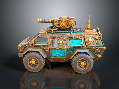 Vintage Armored Military Vehicle With Gold Blue Details And Mechanical Top Gear 3d model