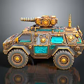 Vintage Armored Military Vehicle With Gold Blue Details And Mechanical Top Gear