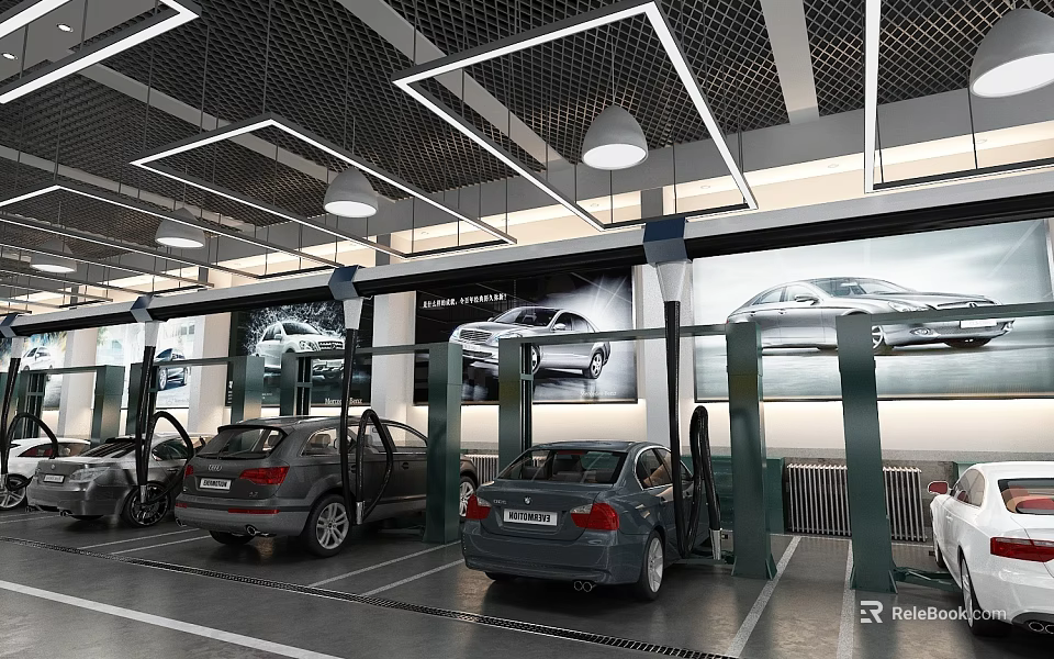 Parking Lot With Cars Having Open Doors Wall Posters Of Cars And Modern Ceiling Lights 3d model 