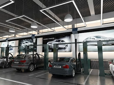 Parking Lot With Cars Having Open Doors Wall Posters Of Cars And Modern Ceiling Lights 3d model