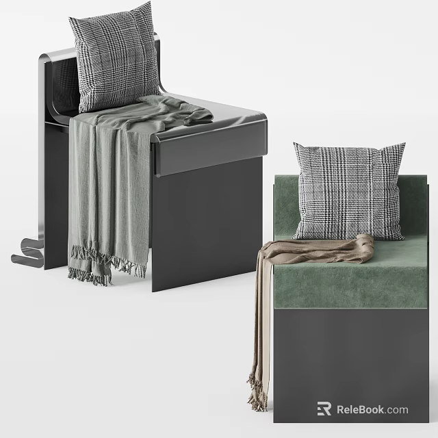 Modern Accent Chair With Green Cushion Plaid Pillow Soft Blanket And Metal Frame 3d model 