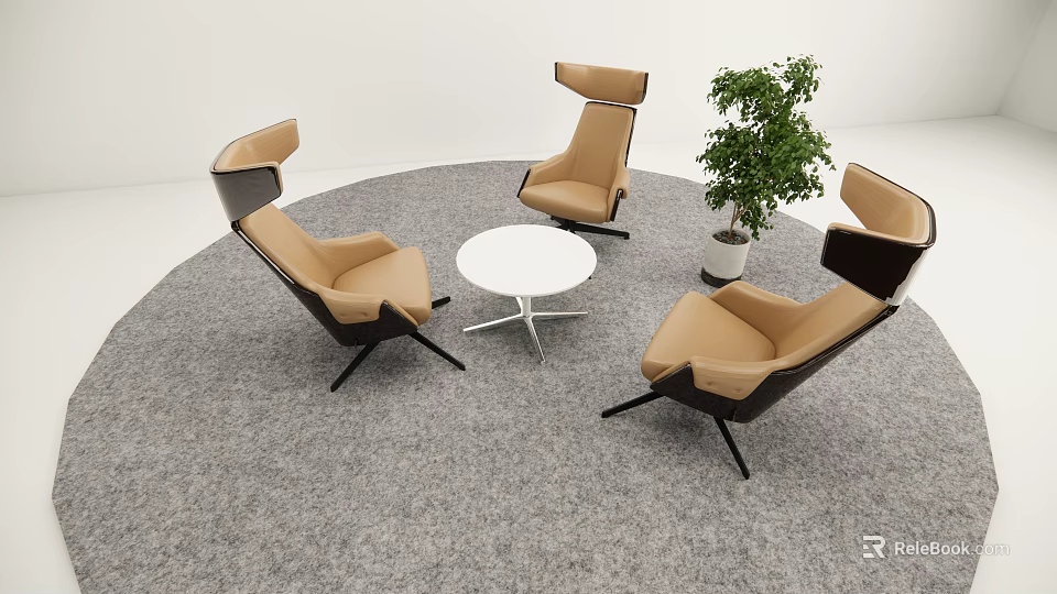 Modern Lounge Area With Brown Black Chairs White Round Table Green Plant And Gray Carpet 3d model 
