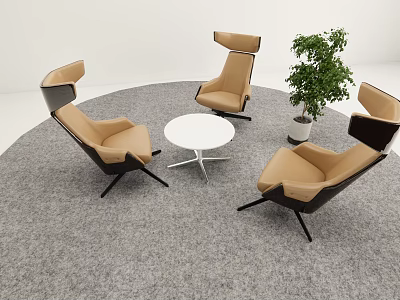 Modern Lounge Area With Brown Black Chairs White Round Table Green Plant And Gray Carpet 3d model