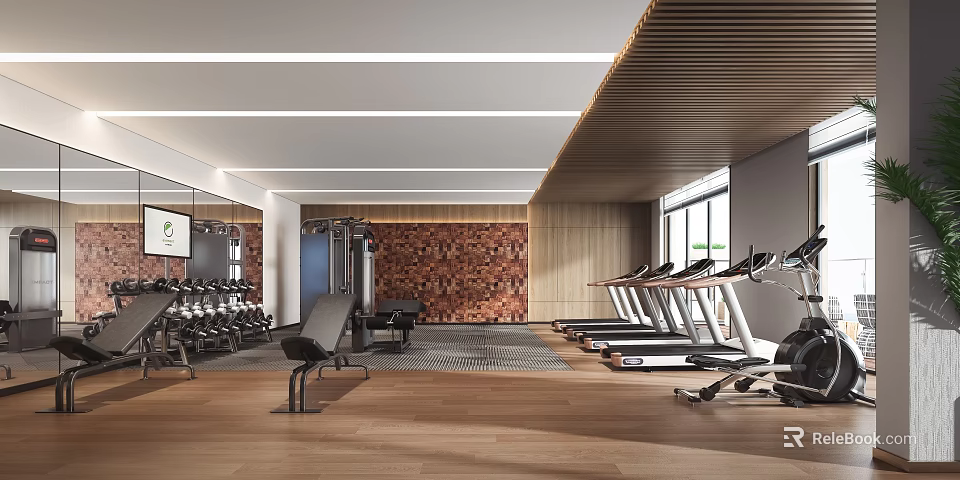 Modern Gym Interior With Fitness Equipment And Treadmills 3d model 
