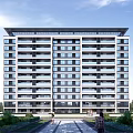Modern Residential Building Exterior Design With Multi Story Structure Balconies Greenery And Pathway