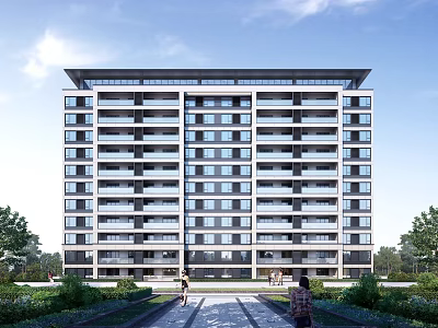Modern Residential Building Exterior Design With Multi Story Structure Balconies Greenery And Pathway 3d model