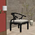 Elegant Chinese Style Leisure Chair in Room with Red Wall Brass Lamp White Vase and Wooden Floor