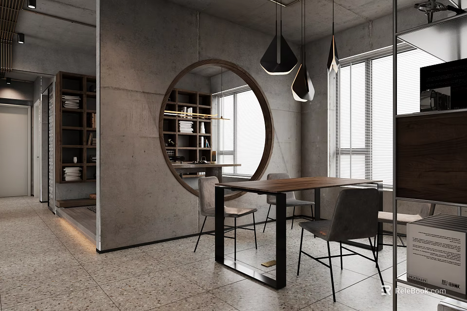 Modern Study Room Interior Design With Wooden Desk Chair Bookshelves And Hanging Lamps 3d model 
