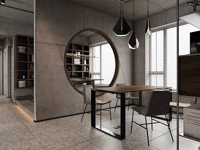 Modern Study Room Interior Design With Wooden Desk Chair Bookshelves And Hanging Lamps 3d model