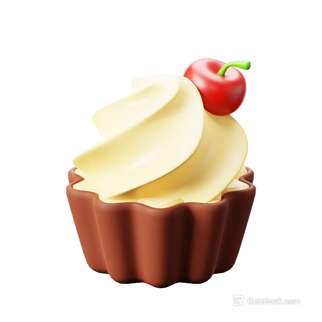 Delicious Cupcake With Swirl Cream And Red Cherry On Brown Paper Cup 3d model 