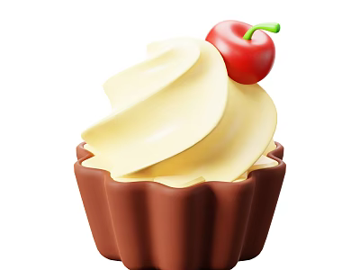 Delicious Cupcake With Swirl Cream And Red Cherry On Brown Paper Cup 3d model