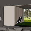 Modern Entertainment Room Design With Golf Simulator Wooden Wall Round Coffee Table And Comfortable Sofa