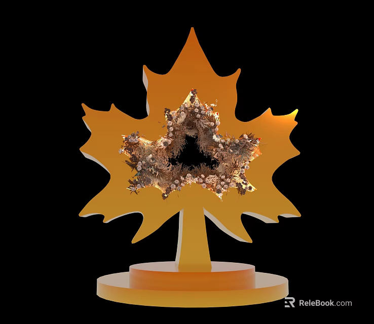 Golden Maple Leaf Shaped Art Installation With Hollow Texture And Base Stand 3d model 