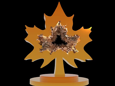 Golden Maple Leaf Shaped Art Installation With Hollow Texture And Base Stand 3d model