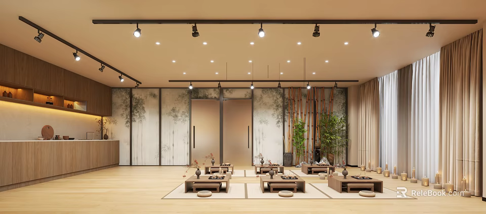 Elegant Zen Style Beauty Salon Interior With Cozy Tea Lounge And Natural Bamboo Decoration 3d model 