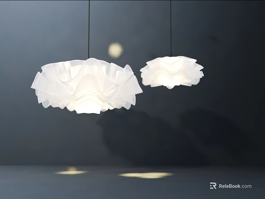 Stylish White Pleated Chandeliers Hanging In Modern Interior With Soft Light 3d model 