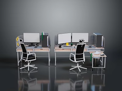 Modern Office Workspace Featuring Dual Computer Monitors And Ergonomic Desk Chairs 3d model