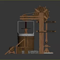 Traditional Wooden Architectural Structure with Twin Barrels Windmill Wheels Ladders and Stone Base