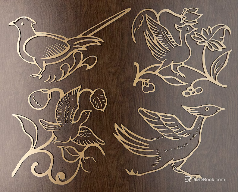 Intricate Golden Bird Carvings with Floral Patterns on Dark Wooden Surface 3d model 