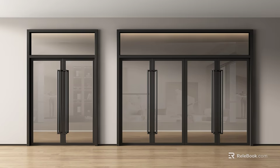 Modern Glass Double Doors With Black Frame And Interior Wooden Floor Design 3d model 