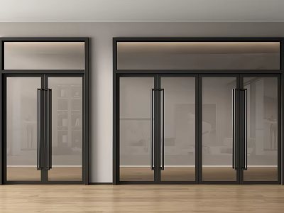 Modern Glass Double Doors With Black Frame And Interior Wooden Floor Design 3d model