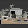 Tropical Coastal Beach Scene With Palm Trees Small House And Boats On Sandy Shore