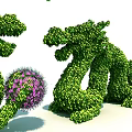 Artistic Shrub Sculptures In Two Dragon Shapes Playing With Purple Ball