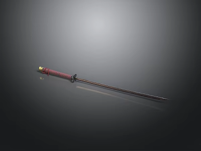 Traditional Samurai Sword Featuring Red Handle Golden Accents And Sharp Blade 3d model