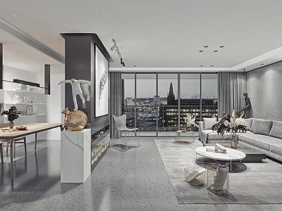 Modern Open Living And Dining Room With City View Gray Sofa And Marble Decor 3d model