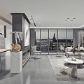 Modern Open Living And Dining Room With City View Gray Sofa And Marble Decor
