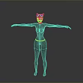 3D Female Character Model With Cat Ear Headpiece Gray Bodysuit Red Belt Arms Outstretched Pose