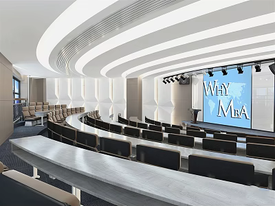 Modern Conference Room With Curved Seating Large Projection Screen And Podium 3d model