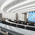 Modern Conference Room With Curved Seating Large Projection Screen And Podium