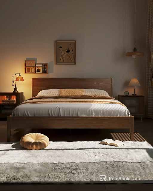 Warm Cozy Bedroom Featuring Wooden Double Bed Bedding Nightstand Lamp Wall Art 3d model 