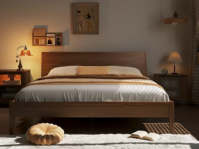 Warm Cozy Bedroom Featuring Wooden Double Bed Bedding Nightstand Lamp Wall Art 3d model