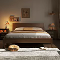 Warm Cozy Bedroom Featuring Wooden Double Bed Bedding Nightstand Lamp Wall Art