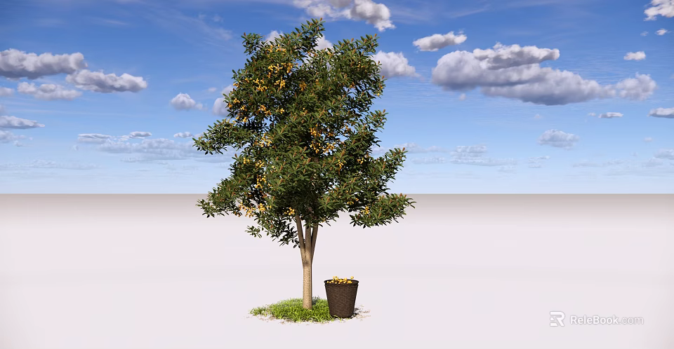 Lush Arbor With Green Leaves And Yellow Flowers On Grass Beside Flower Pot Under Blue Sky With Clouds 3d model 