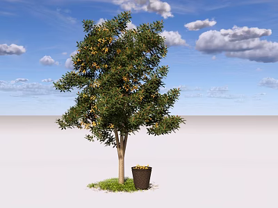Lush Arbor With Green Leaves And Yellow Flowers On Grass Beside Flower Pot Under Blue Sky With Clouds 3d model
