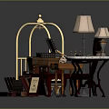 Vintage Interior Scene With Golden Luggage Rack Various Suitcases Purple Armchair And Table Lamps