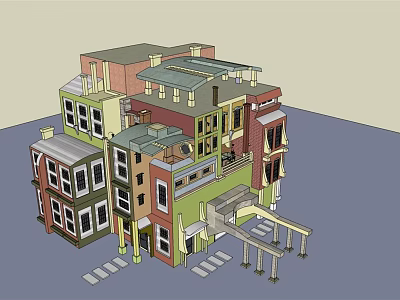 Colorful Multi Story Townhouse Architectural Model With Varied Facades Windows And Porch 3d model