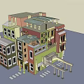 Colorful Multi Story Townhouse Architectural Model With Varied Facades Windows And Porch