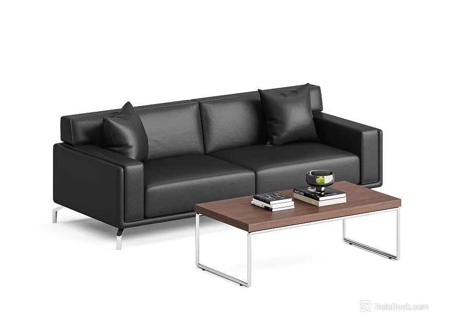 Modern Black Leather Sofa and Wooden Top Coffee Table with Metal Legs and Tabletop Books 3d model 