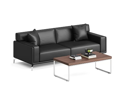Modern Black Leather Sofa and Wooden Top Coffee Table with Metal Legs and Tabletop Books 3d model