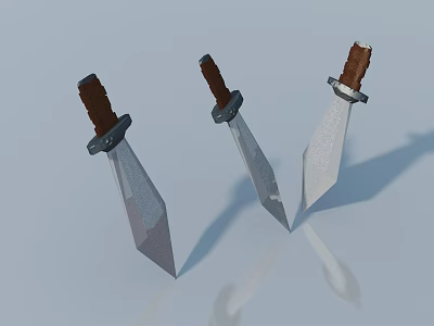 Three Sharp Knives with Wooden Handles and Polished Metal Blades on Blue Surface 3d model